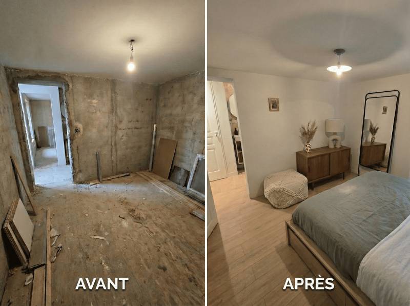 Travaux de chambre d'une entreprise générale avant/après à Quincieux dans le Rhône